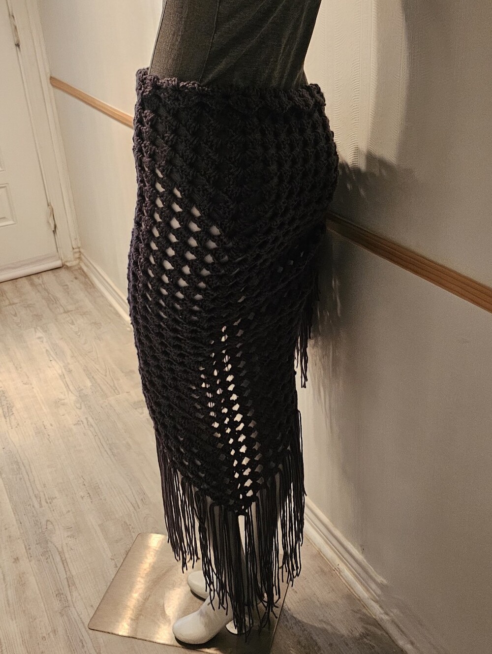 NEW Handmade Crochet Gray Fringe Sarong Pareo Swimsuit Cover-up Swim Skirt OSFM